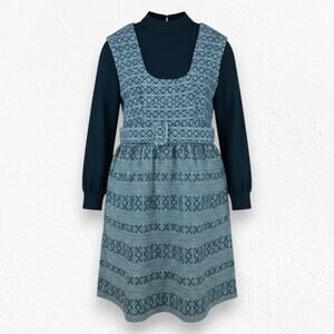 Vintage 70s Green White Tweed Jumper Turtleneck Belted Cottage Dress Size Small